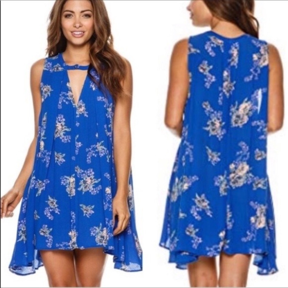 FREE PEOPLE  Blue Floral Keyhole Neck Sleeveless Swing Mini Dress Small boho